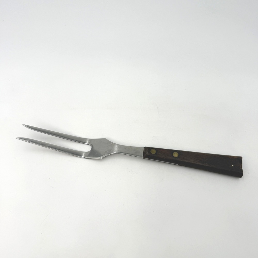 Vintage EMDEKO Stainless Steel Meat Carving Fork Wood Handle Brass Rivets MCM